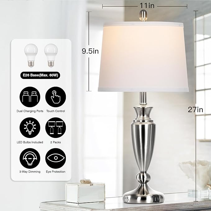 Metal Table Lamps Set of 2, 3 Way Touch Control Silver Bedside Lamps with USB A+C Ports, Modern Brushed Nickel Nightstand Lamps for Bedroom Living Room