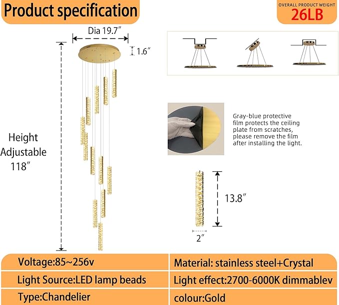 Long Spiral Crystal Chandelier Lighting for Foyer 12-Light Gold Staircase Chandelier High Ceiling Slopped LED Dimmable 2700K-6000K