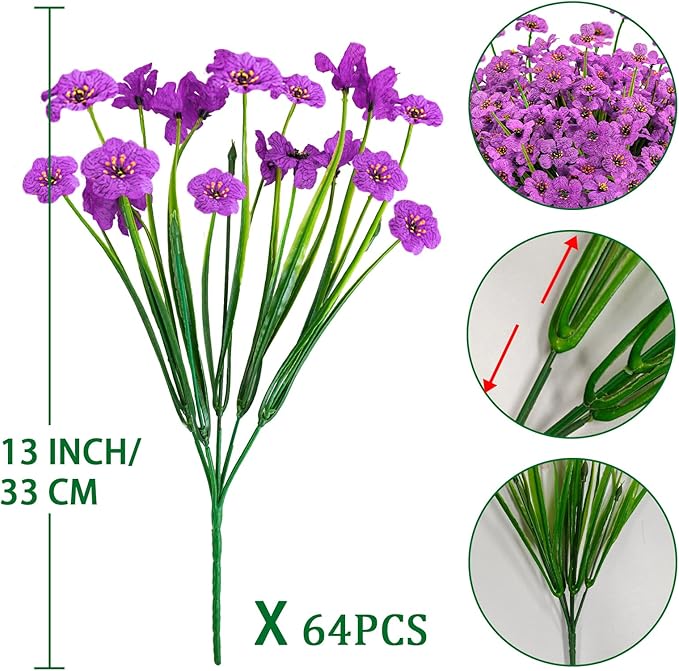 Krissing 48 Bundles Outdoor Artificial Flowers UV Resistant Fake Silk Flowers Faux Plastic Plants Outside Garden Porch Window Box Summer Decoration (Purple)