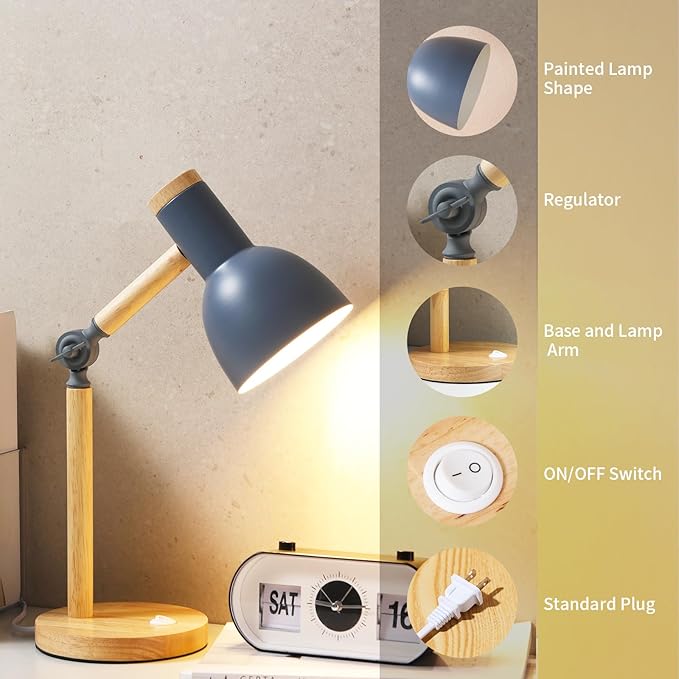 Small Wooden Desk Lamp,Adjustable tri-Color Kids Table Lamp,Desk Lamp for Home Office,Bedside lamp,Dorm lamp (Grey)