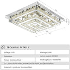 24" Large Elegant Crystal Chandelier, Modern Led 3 Color Dimmable Ceiling Light 2 Layers Square Flush Mount Ceiling Lamp for Bedrooms Dining Rooms Living Room Kitchen Staircase Hallway(Dimmable)