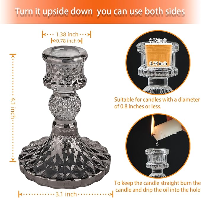 Glass Candlestick Holder,Striped Taper Candle Holders,Set of 6 Candle Stand for Table Centerpieces, Home Decor,Weddings,Festival and Parties (Grey Dimond Pattern)