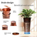 28in Tall Antique Copper Metal Vintage Planter Set of 2,Galvanized Steel Planter Pots for porches/Indoor/Outdoor/terraces Patio- Copper Color(2planters,2inner pots with Holes, 2trays)
