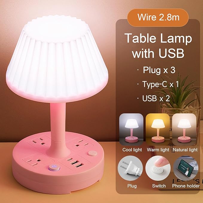 Table Lamp with USB Port and Outlet, Small Desk Lamp for Bedroom, 3-Colors Dimmable LED Lamps Eye Care Night Stand Lights, USB Charging Desk Lights for Home Office/Living Room