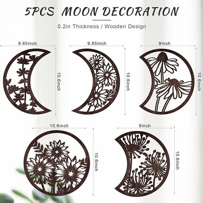 Jetec 5 Pcs Moon Phase Wall Hanging Decor Art Above Bed 10.6" H Boho Moon Phase Wood Wall Pediment Ornament for Living Room Bedroom Home Decoration Room Apartment Bar(Brown)