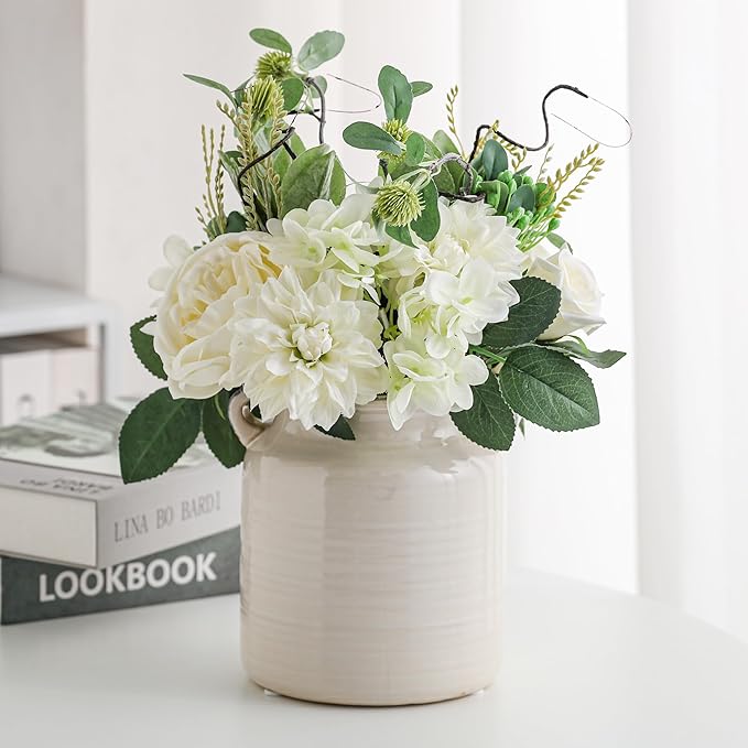 Ceramic Rustic Distressed White Flower Vase for Centerpieces, Kitchen, Office or Living Room (5.9''x6.3”)