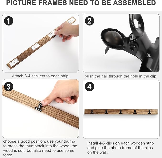 6 Wooden Wall Hanging Photo Frames With 27 Clips, Decorative Collage Picture Frame, No Drilling Required, Adhesive Stickers, Easy to Install, Carbonized Brown