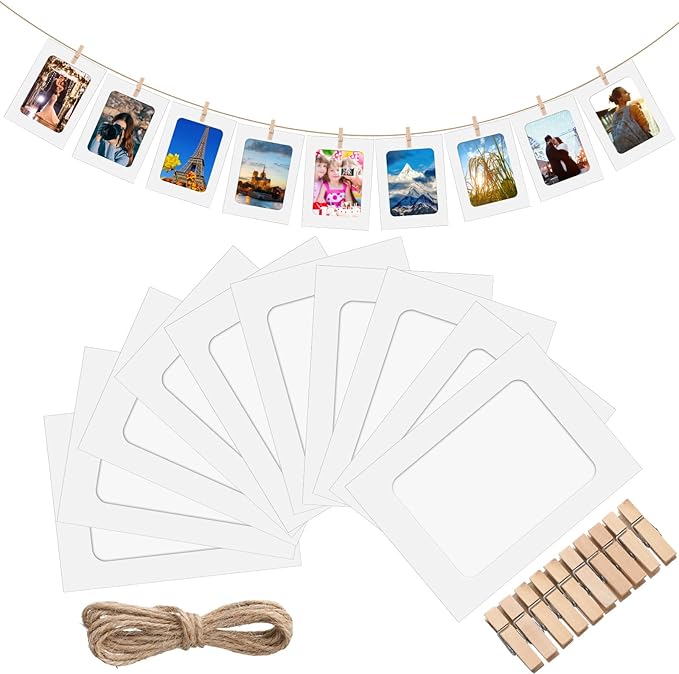 Janlaugh 100 Pcs Paper Photo Frames 4x6 White Paper Picture Frame with 100 Clip 10 String Kit DIY Hanging Cardboard Photo Holder Back to School Wall Decor Wedding Home