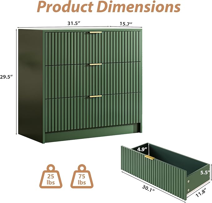Green Fluted Dresser for Bedroom, 32 Inch Wide Nightstand with Large Drawer, 3 Drawer End Table for Bedroom, Living Rooms, Offices, and Entryways