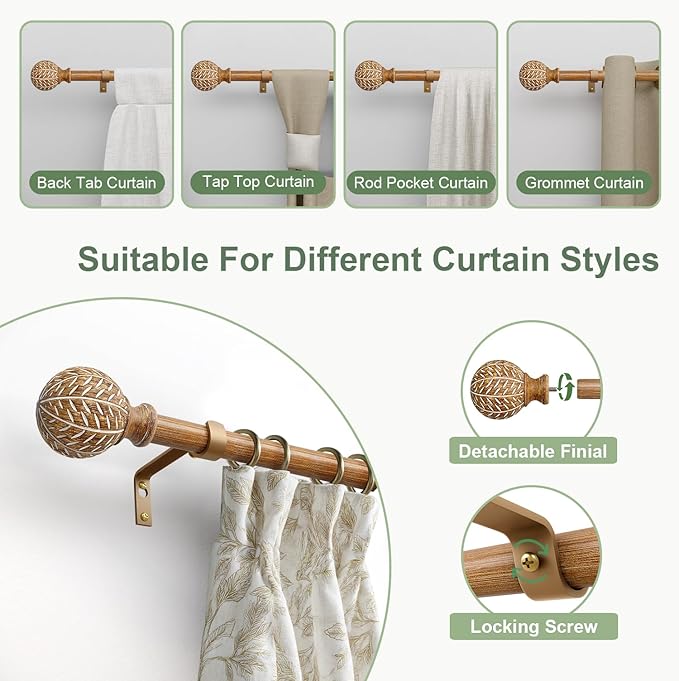 2 Pack Wood Curtain Rods for Windows 72 to 144 Inch,1'' Diameter Drapery Rods with Imitation Wood Grain Leaf Pattern Finials,Boho Adjustable Heavy Duty Curtain Rods Set,36-150'',Natural Wood
