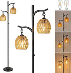 9MMML Rattan Floor Lamp for Living Room, Boho Floor Lamp with 2 Hanging Rattan Lamp Shade, 67'' Farmhouse Dimmable Black Standing Lamp with Rotary Switch for Bedroom, 2 x 800LM LED Bulbs Included