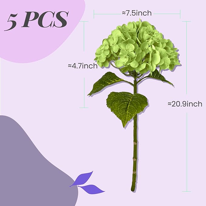 21In Bottle Green Artificial Hydrangea Flowers 5 Pcs Real Touch 3D Print Latex Flowers for Wedding Centerpieces Bouquets DIY Floral Decor Home Decoration with Stems