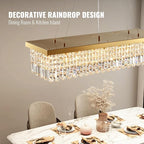Siljoy Rectangular Gold Crystal Chandelier 8 Lights Modern Rectangle Raindrop Pendant Ceiling Light Fixture for Living Dining Room Kitchen Island Bar L40'' x W10'' x H10''