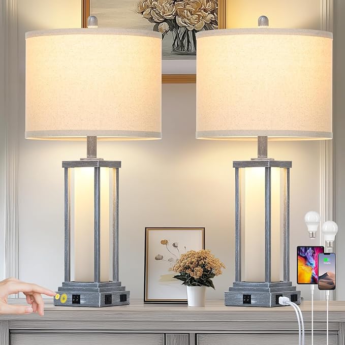 27" Tall Vintage Table Lamp Set of 2 with USB C+A & Outlet,Gray Nightstand Lamp for Living Room,Retro Bedside Lamps with Frosted Glass Night Light for Bedroom Entryway,Grey
