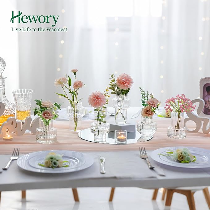 Hewory Ribbed Bud Vases for Centerpieces: Set of 16 Small Clear Glass Vase for Bridal Baby Shower Home Decor - Modern Table Decoration for Wedding & Event Planners