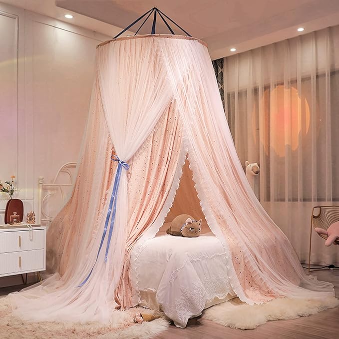 Kertnic Luxurious Bed Canopy for Girls & Adults, Large Elegant Double Layer Bed Curtain Canopy Drapes, Round Dome Lace Princess Canopies Netting (Star)