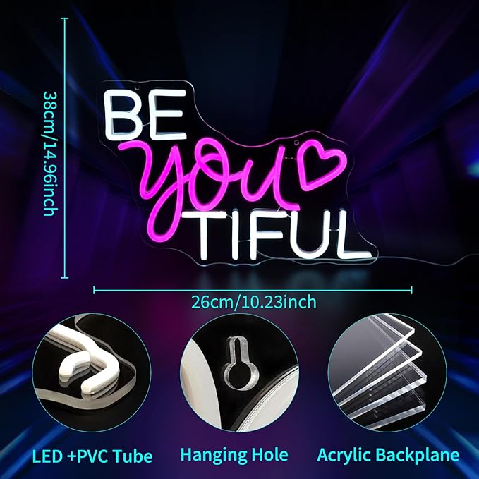 Be You Tiful Neon Sign, JGHTURIE Pink Led Neon Signs for Wall Decor Light Up Sign Preppy Girls Room Salon Party Gift Decor USB Powered