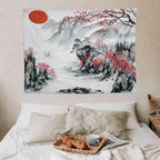 Cherry Blossoms Tapestry, Japanese Red Landscape Asian Watercolor Abstract Art, Bedroom Living Room Decor 40"x30"