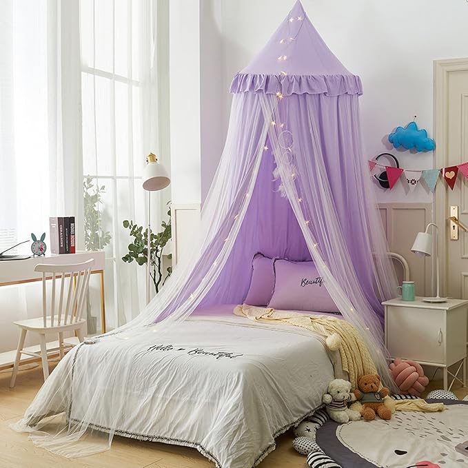 Bed Canopy for with Lights,Double Layer Princess Round Dome Dreamy Mosquito Net Bedding Girls Room Castle Play Tent Hanging House Decor Reading Nook Canopies(Purple/White)