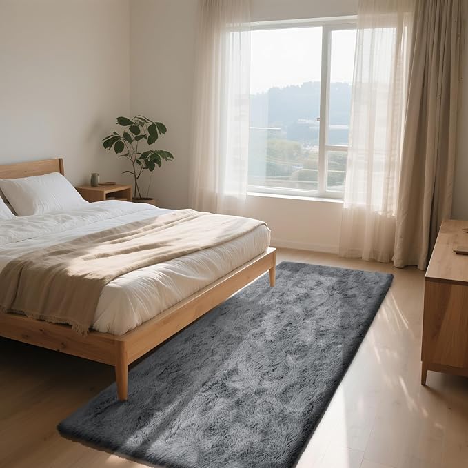 Soft Runner Rugs for Bedroom, Dark Grey 3x7 Area Rugs Fluffy Rug Shaggy Area Rug Carpet, Bedside Rug for Living Room Bedroom Kids Room Home Decor