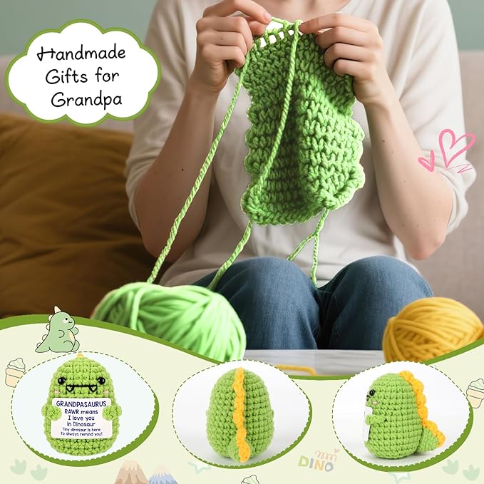 Mini Grandpa Gifts for Christmas– Handmade Crochet Dinosaur Grandpasaurus RAWR I Love You Gift for Grandpa Papa Pops Birthday Christmas Stocking Stuffer Decorative Collectible