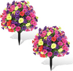 Artificial Boxwood Topiary Ball Trees with Ground Spikes UV Resistant Faux Greenery Shrubs Fake Shrubs for Outdoors, Realistic Faux Plants Bushes for Garden Porch Yard Patio Decor (Multi Flower)