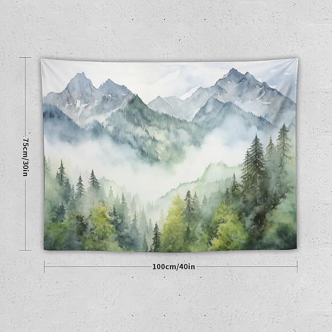 HZOHNAGO Mountain Tapestry Misty Green Forest Mountain Pattern Printed Wall Tapestry Wall Hanging for Bedroom Living Room Dorm 40" W x 30" H