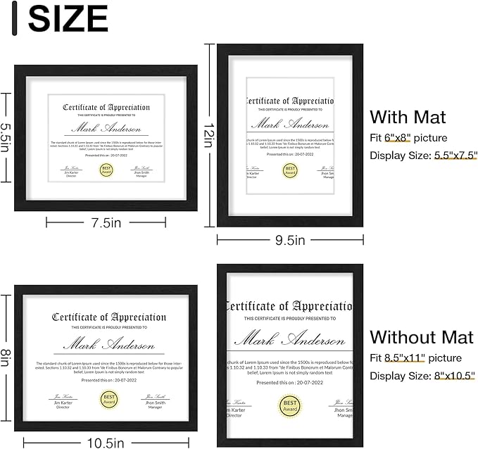 Vittanly 8.5x11 Picture Frames Set of 9, Shatter Resistant Plexiglass, Display 6x8 Pictures with Mat or 8.5x11 without Mat, Photo Frames for Wall or Tabletop, Engineered Wood, Black