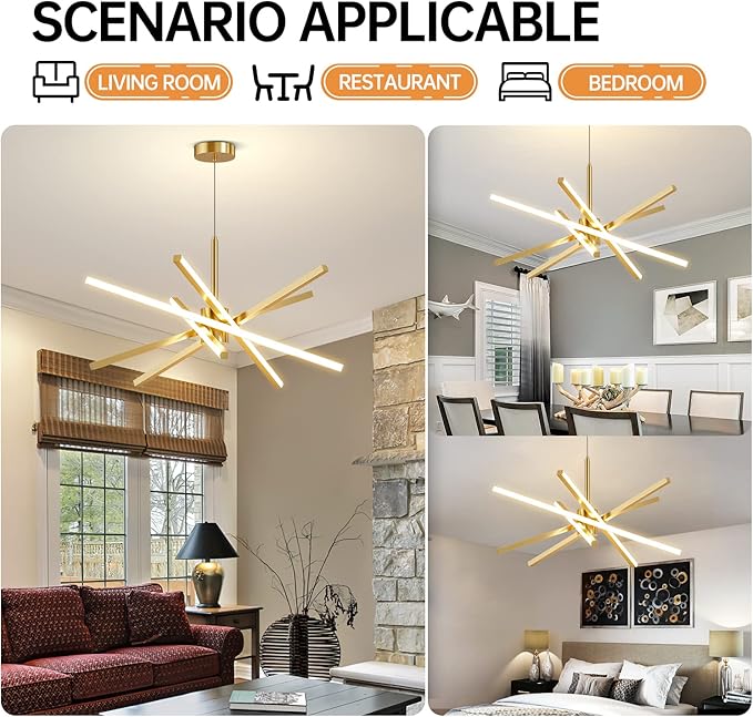 Modern Sputnik Chandelier Ceiling 82W LED Gold Pendant Light Embedded Mount Chandeliers Dining Room Light Fixtures Over Table Dimmable with Remote Control for Living Room Kitchen Bedroom 31.5 inches