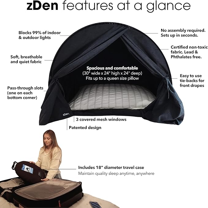 zDen The Original Patented Light-Blocking Luxury Sleep Den Bed Tent: Certified Non-Toxic Blackout Canopy to Improve Sleep Anytime, Anywhere. Perfect for Nightshift, Dorms, Travel, Naps and Relaxation