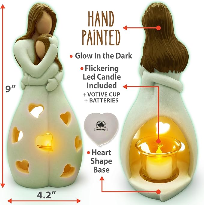 Mother-Daughter Glow in The Dark Candle Holder Statue with Flickering LED Candle | Hand-Painted - Unique Gifts for Mother's Day, Christmas, Birthday | Greeting Card Included