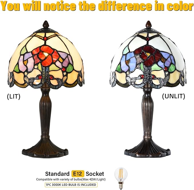 TL0010 Tiffany Lamp Rose Flowers Design Stained Glass Table Lamp 8" D x 14.25" H for Living Room Bedroom Bedside Nightstand Home Office, LED Buld Included (Rose Flower)