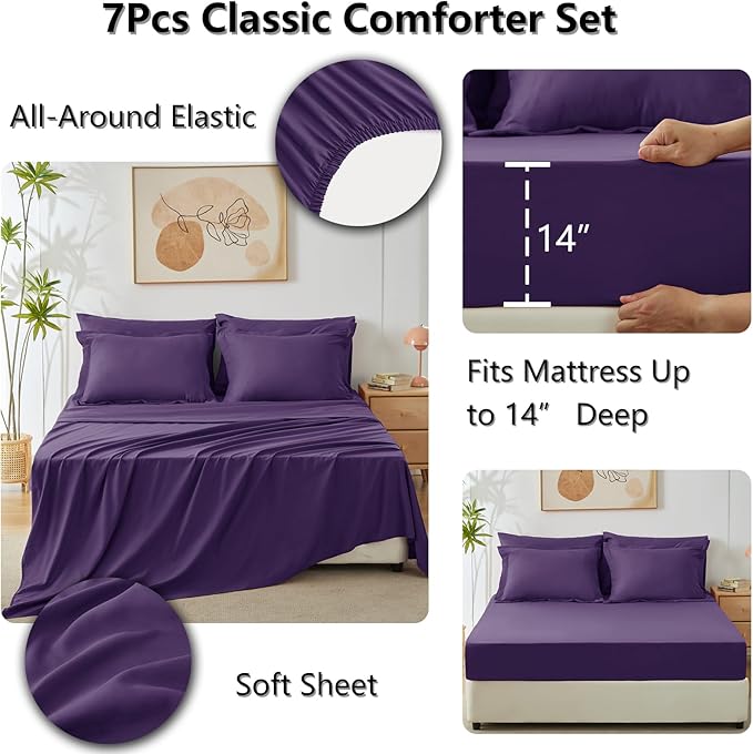 CozyLux King Size Comforter Set Purple - 7 Pieces Bed in a Bag King, Luxury Soft Bed Set for All Seasons, Bedding Set with Down Alternative Comforter, Sheets, Pillowcases & Shams
