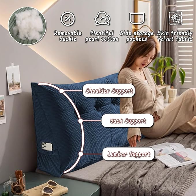 Gradient Velvet Triangular Wedge Pillow, Removable Cover Headboard Pillow for Daybed, Backrest Positioning Support Pillow Cushion Resting Reading Relaxing (Beige, Queen(59 * 20 * 8in))