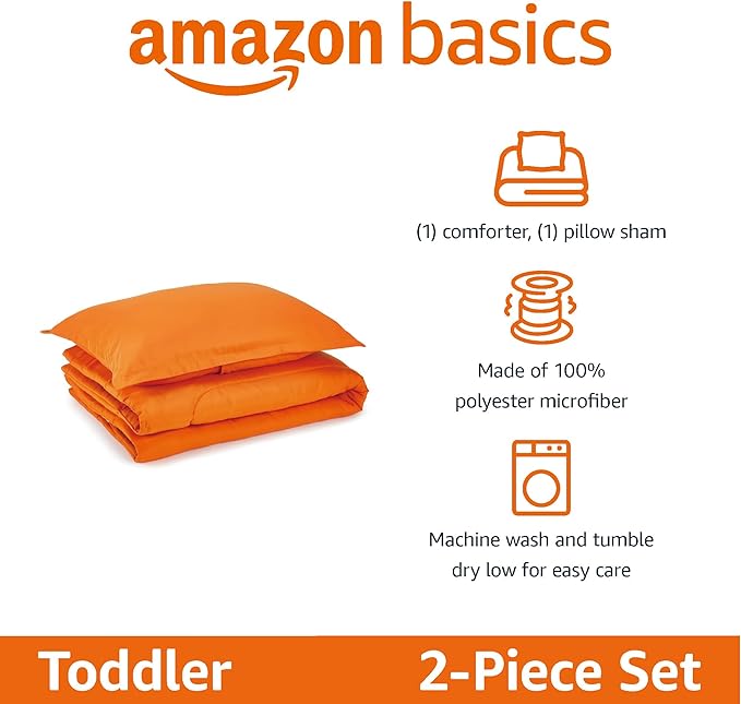 Amazon Basics 2 Piece Microfiber Kid's Comforter and Pillow Sham Set, Toddler, Bright Orange, Solid