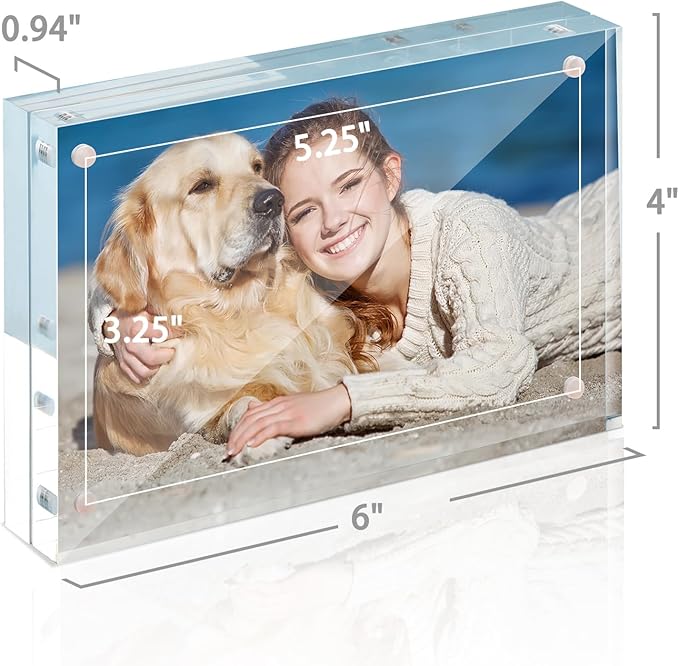 TWING 5 Pack 4 x 6 Acrylic Frame, Horizontal Magnet Double Sided 4x6 Picture Frame,12+12MM Thick Clear Frameless Desktop Display Self Standing Magnetic Acrylic Block Photo Frame
