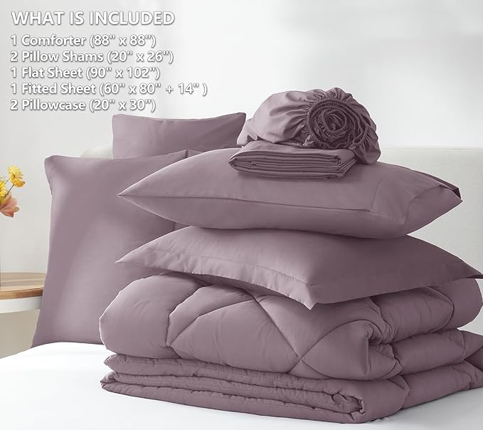 CozyLux Queen Comforter Set Dusty Purple - Bed in a Bag Queen Size 7 Pieces, Soft Bed Set for All Seasons, Bedding Set with Down Alternative Comforter, Sheets, Pillowcases & Shams, Grayish Purple