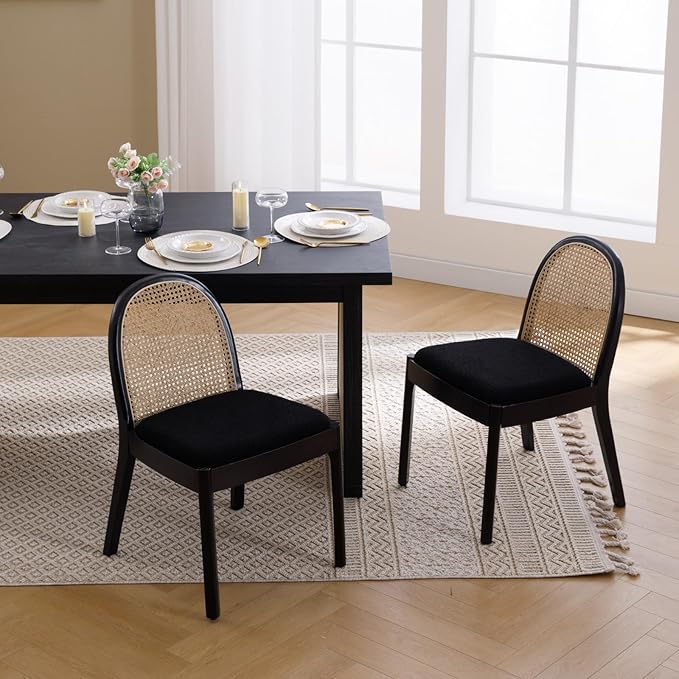 Mid Century Dining Chairs Set of 2, Accent Rattan Sherpa Fabric Side Chairs Kitchen Chair with Solid Wooden Legs for Living Room Dining Room, Black