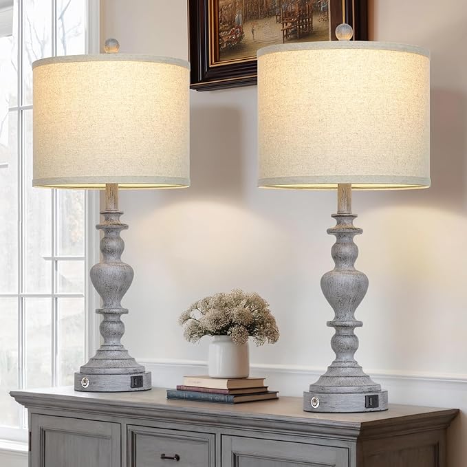 27" Tall Table Lamps for Living Room, 3-Way Dimmable Touch Control Farmhouse Vintage Table Lamps Set of 2 with USB C+A Ports and AC Outlets, Rustic Bedside Nightstand Lamp for Bedrooms Office Grey