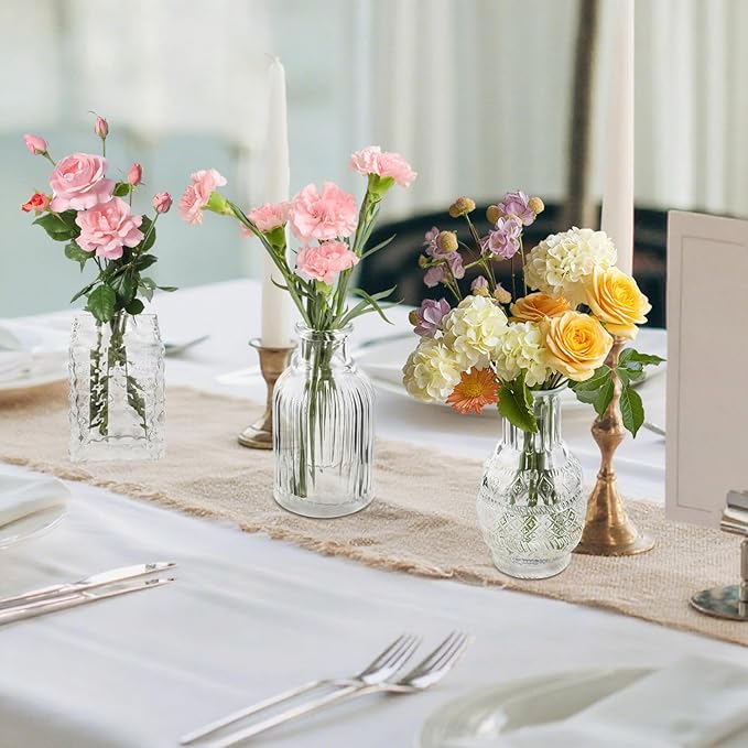 16Pcs Clear Glass Bud Vases Bulk - Mini Vintage Bottle Set, Modern Small Flower Vases for Wedding Centerpieces, Dining Table Decor, Home Room Party Reception