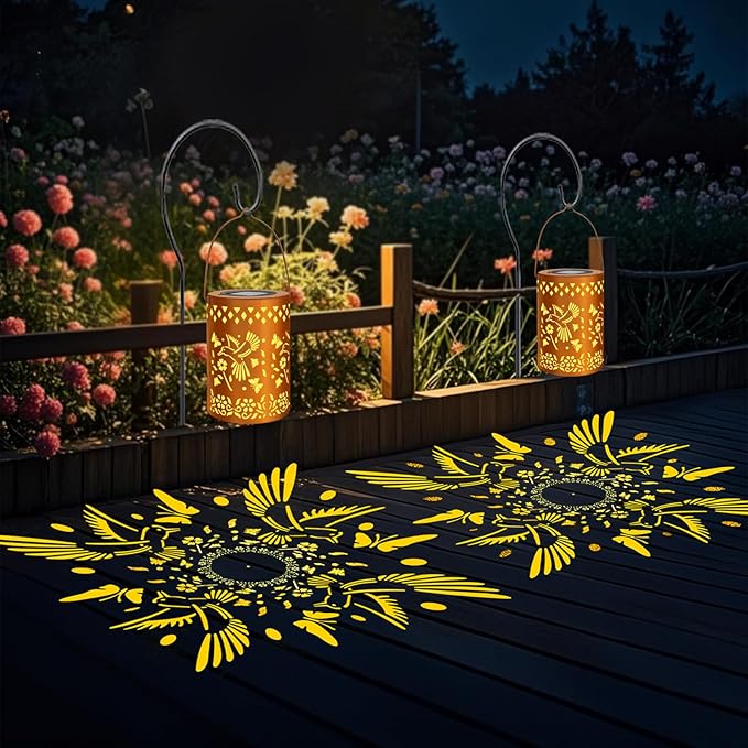 Solar Lanterns Outdoor Waterproof Hummingbird Garden Decor Birthday Gifts for Women Mom Grandma Hanging Solar Lights Metal Decoration for Yard, Patio, Backyard, Porch, Garden, 2 Pack