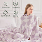 EMME Checkered Cotton Blanket Queen Size for Bed Soft Large Muslin Bed Blankets 80"x90" Lightweight Breathable Cooling All Season, Lavender