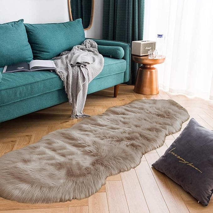 Latepis Runner Faux Fur Rug Camel Beige 2x6 Rugs Fluffy Furry Washable Sheepskin Rug Small Area Rugs for Living Room Sofa Bedroom Carpets Sheepskin