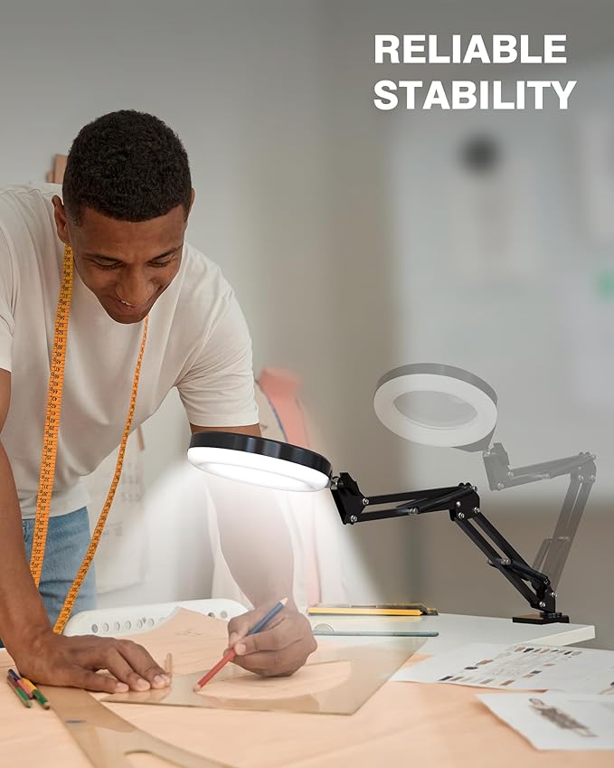 Magnifying Glass with Light, 10X & 5X Real Glass & Anti-Glare Lens, 5 Color Mode Stepless Dimmable LED Desk Magnifying Lamp, Hands-Free Desk Lamp with Clamp for Crafts Reading Repair Hobby (White)
