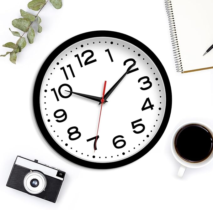 Wall Clock Silent Non-Ticking Modern Clock Battery Operated 8 Inch Small Classic Analog Decorative for Kitchen, Living Room, Office, Bedroom, Bathroom (Black)