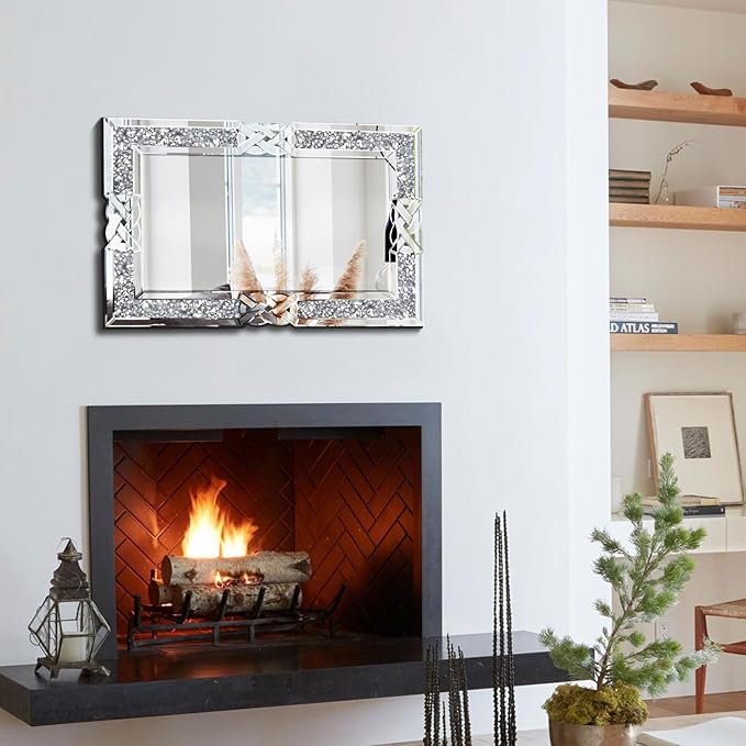 Crushed Diamond Decorative Wall Mirrors, 27.7x39.5 Inch Rectangle Living Room Mirrors for Wall Decor, Modern Glam Bathroom Dining Room Entryway Mirror Silver
