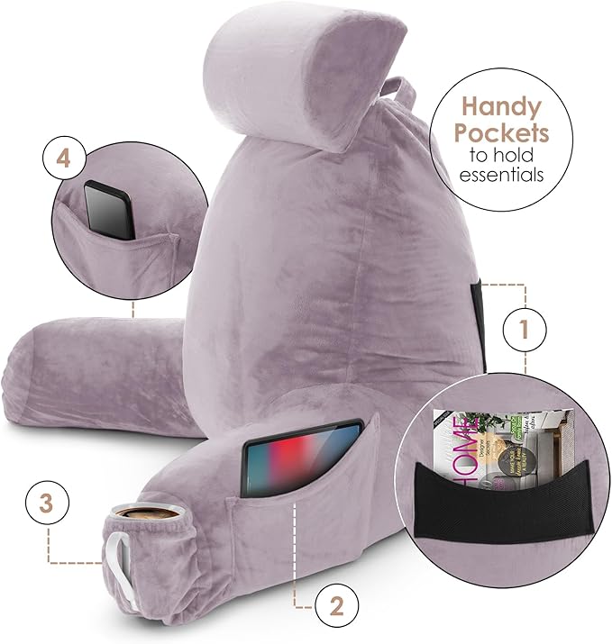 Nestl Reading Pillow Large Bed Pillow, Back Pillow for Sitting in Bed Shredded Memory Foam Chair Pillow, Reading & Bed Rest Pillows Dusty Purple Back Pillow for Bed, Bed Chair Arm Pillow with Pockets