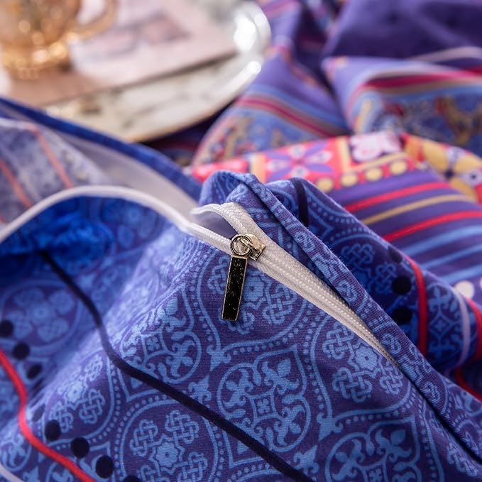 ABREEZE Bohemian Vintage King Size Floral Cotton Bedding Set 3Pcs Duvet Cover Set Boho Purple Paisley 100% Egyptian Brushed Cotton Reversible Home Bedding Collection