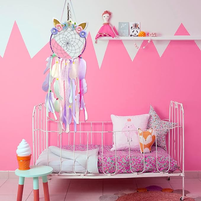 LED Lighted Up Unicorn Dream Catcher Wall Decor Colorful Feather Dreamcather Wall Hanging for Girls Kids Bedroom Decoration (Purple with Light)
