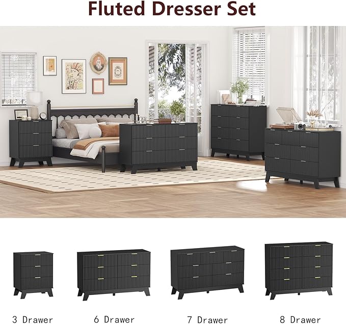 Fluted Dresser for Bedroom,3 Drawer Dresser for Closet,Storage Cabinet and Chest of Drawers with Gold Handle,TV Stand,Storage Organizer for Living Room,Hallway,Entryway,Black
